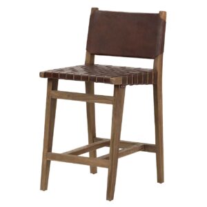 TABURETE MADERA TEKA CUERO 46x52x92 CM